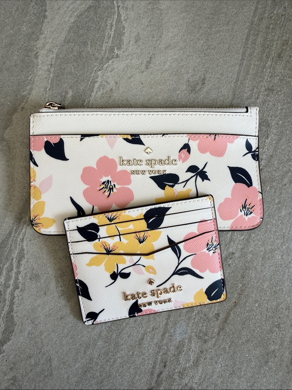 kate spade White Floral Card Holder & Zip Pouch in Pink, Yellow & Black
